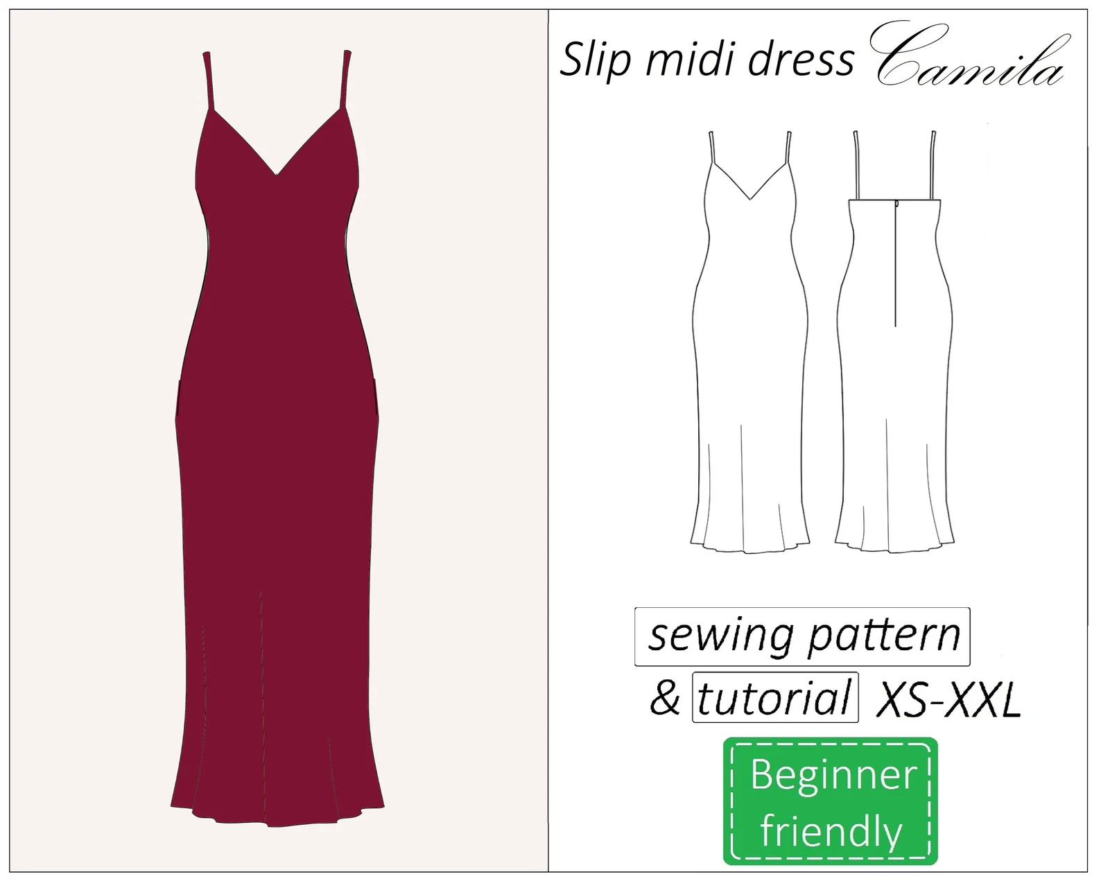 Camila slip dress sewing pattern | Instant PDF download
