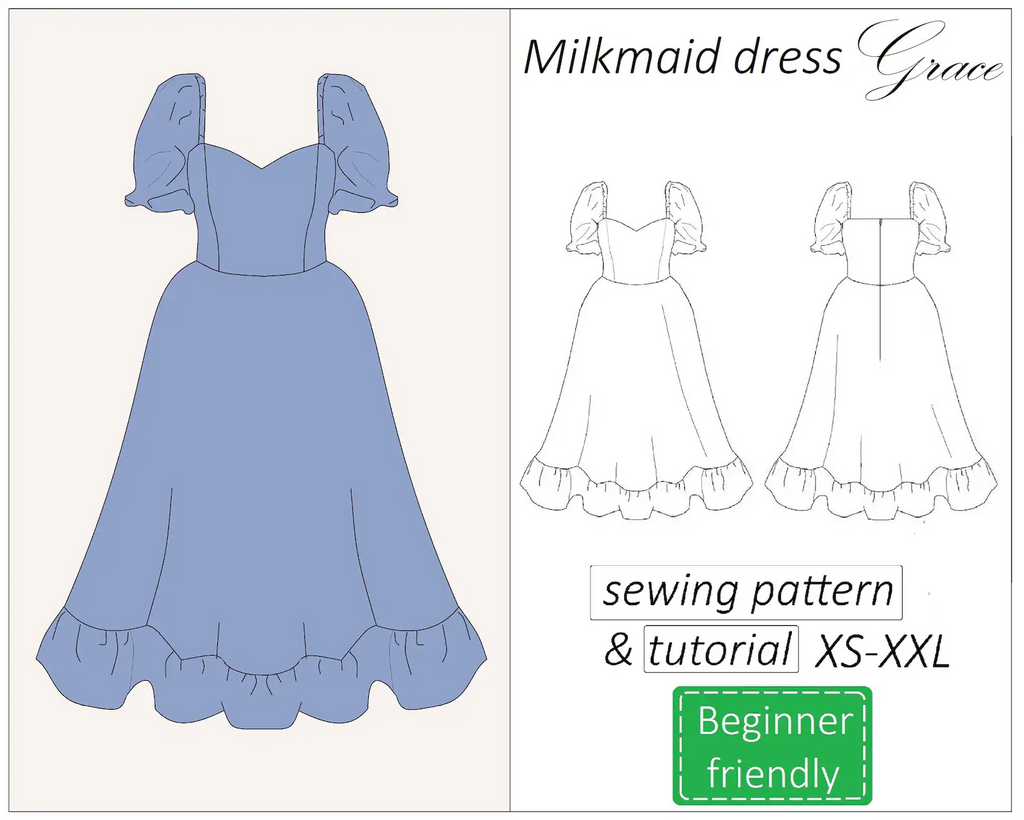 Grace sweetheart milkmaid puf sleeves dress sewing pattern | Instant PDF download