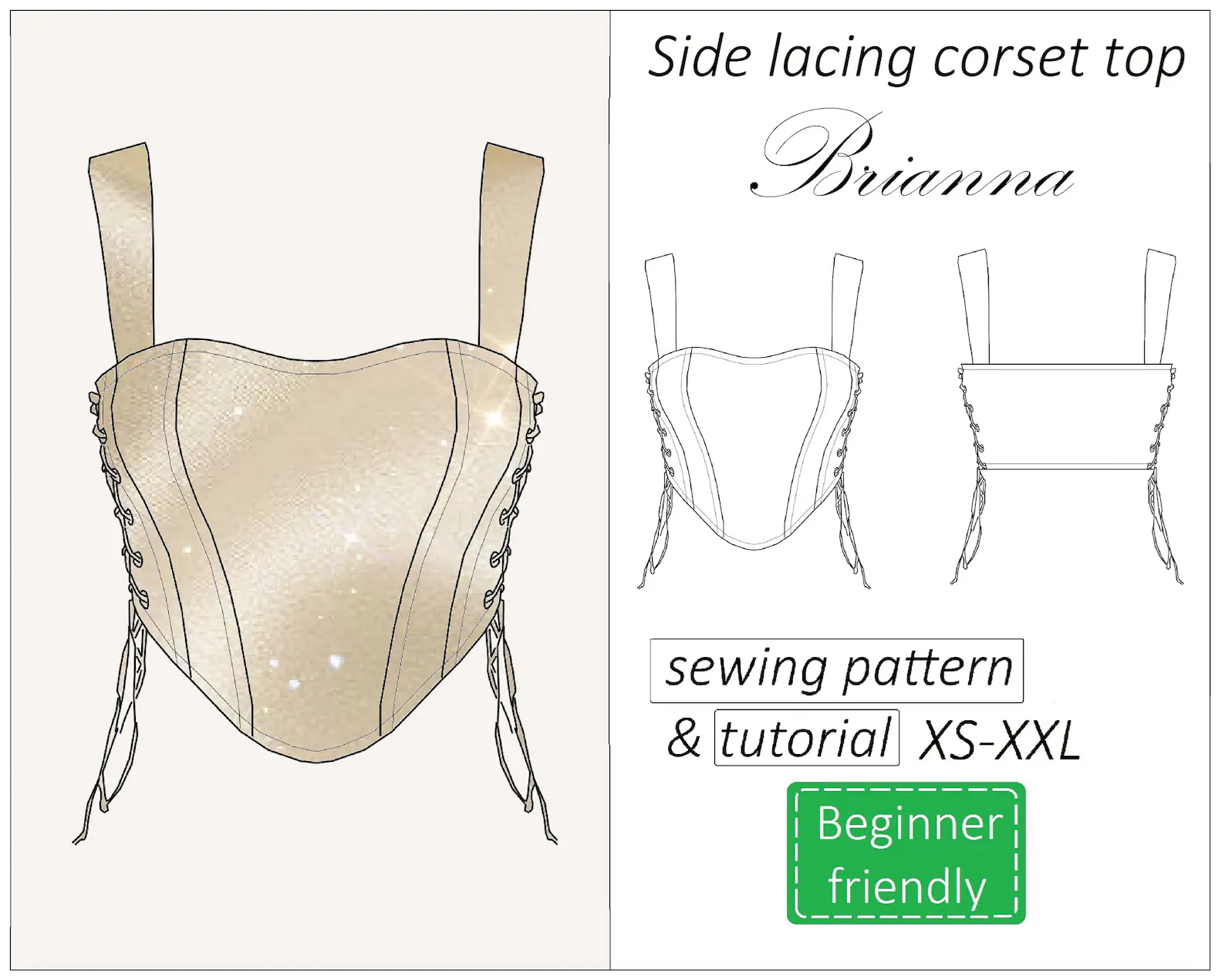 Brianna heart corset top side lacing sewing pattern | Instant PDF download