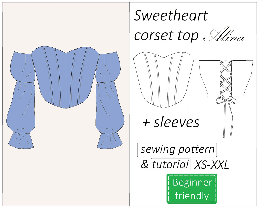 Alina heart neckline puff sleeves corset top sewing pattern | Instant PDF download