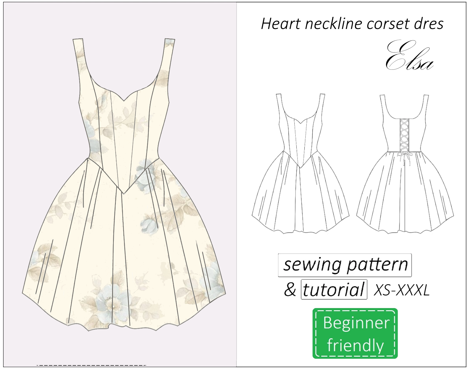 Elsa heart neckline corset dress sewing pattern | Instant PDF download