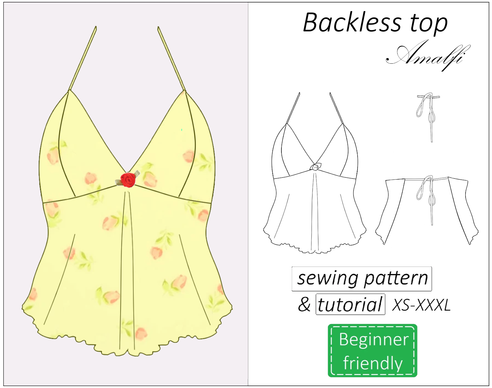 Amalfi backless top halter neck sewing pattern | Instant PDF download