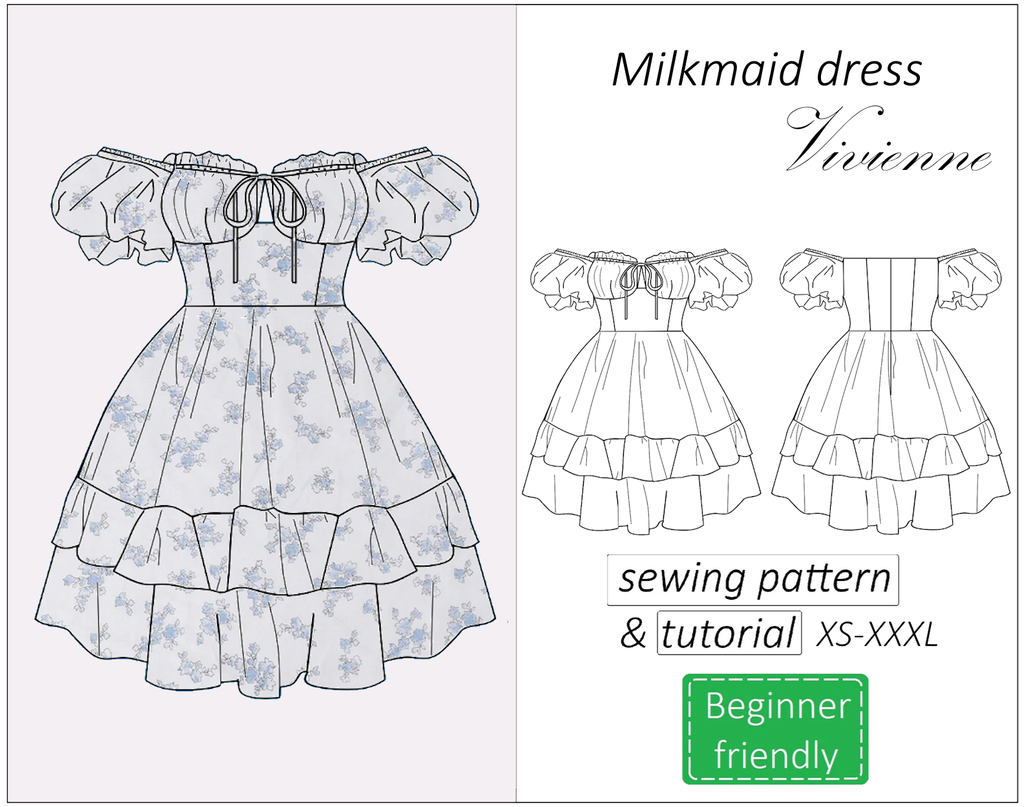Vivienne milkmaid dress with off shoulder puff sleeve sewing pattern | Instant PDF download