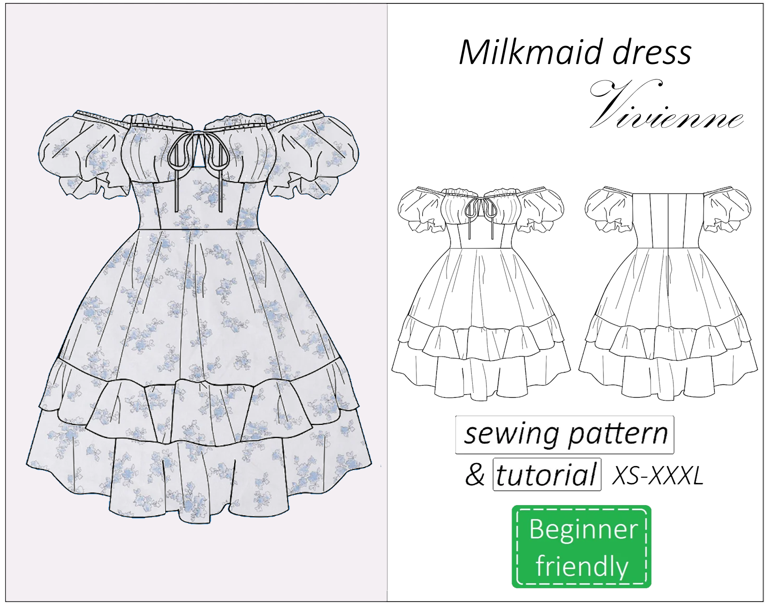 Vivienne milkmaid dress with off shoulder puff sleeve sewing pattern | Instant PDF download