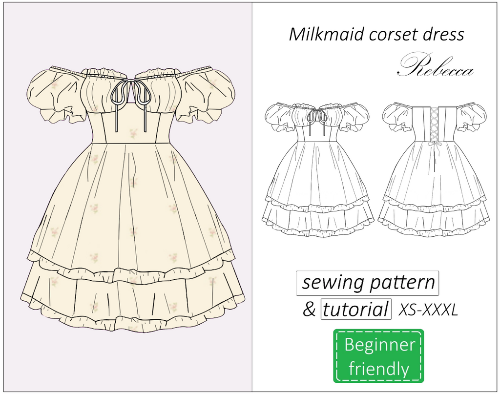 Rebecca milkmaid corset dress puff sleeves sewing pattern | Instant PDF download