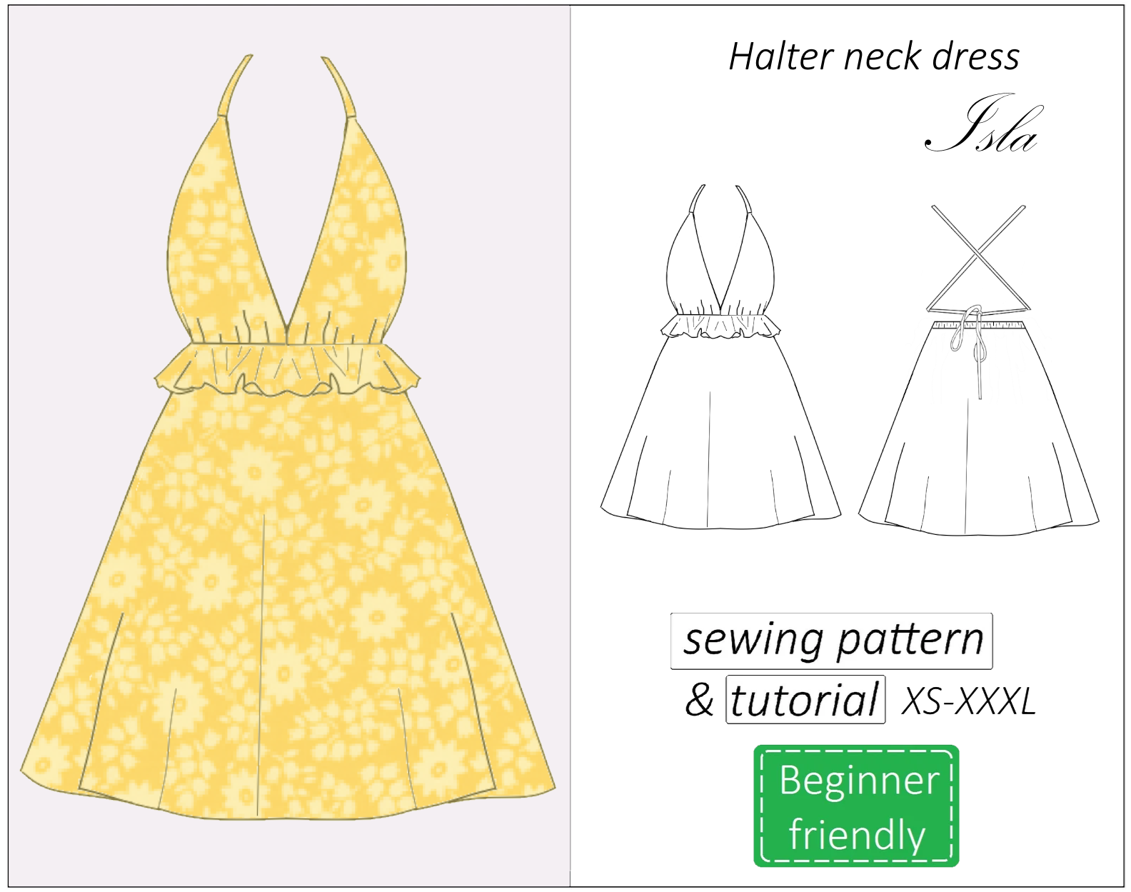 Isla backless halter neck dress sewing pattern | Instant PDF download