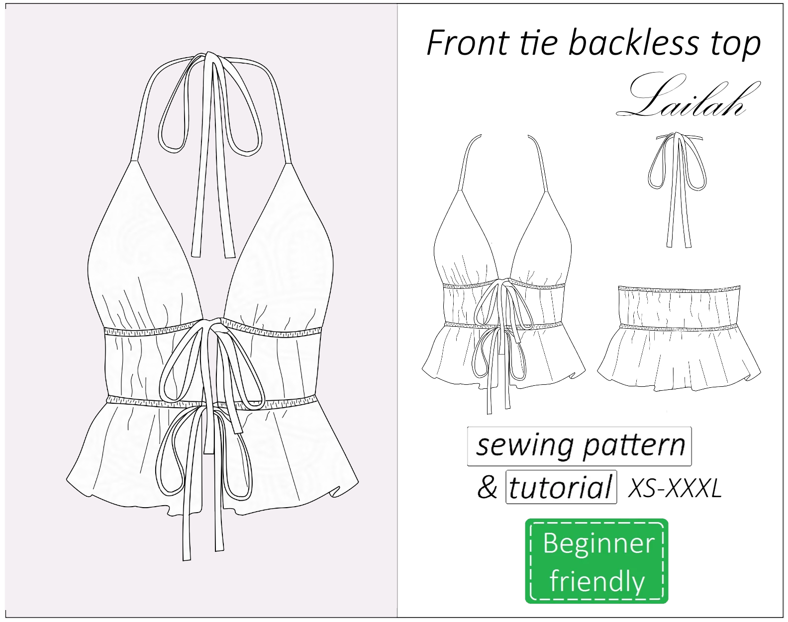 Lailah front tie backless top sewing pattern | Instant PDF download
