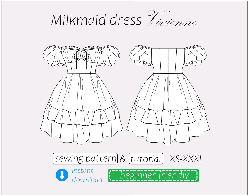 Vivienne milkmaid dress with off shoulder puff sleeve sewing pattern | Instant PDF download