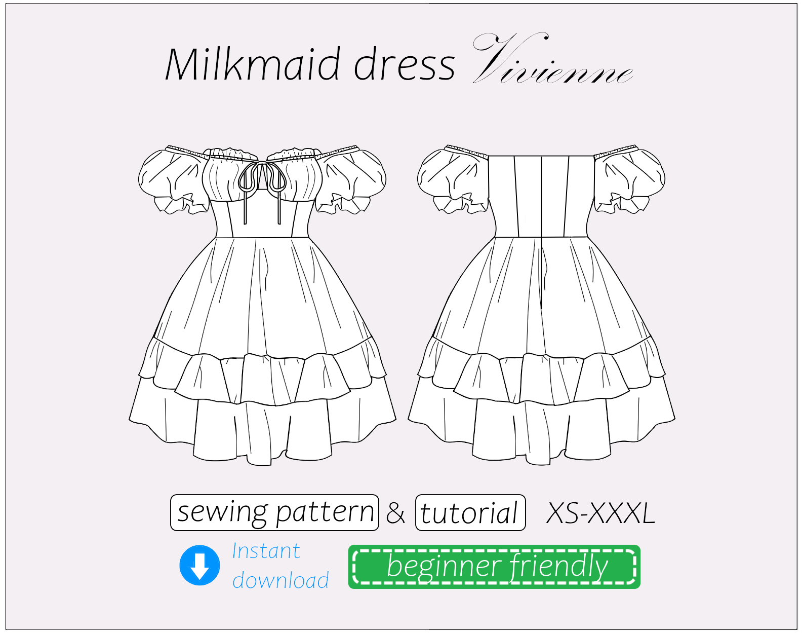 Vivienne milkmaid dress with off shoulder puff sleeve sewing pattern | Instant PDF download