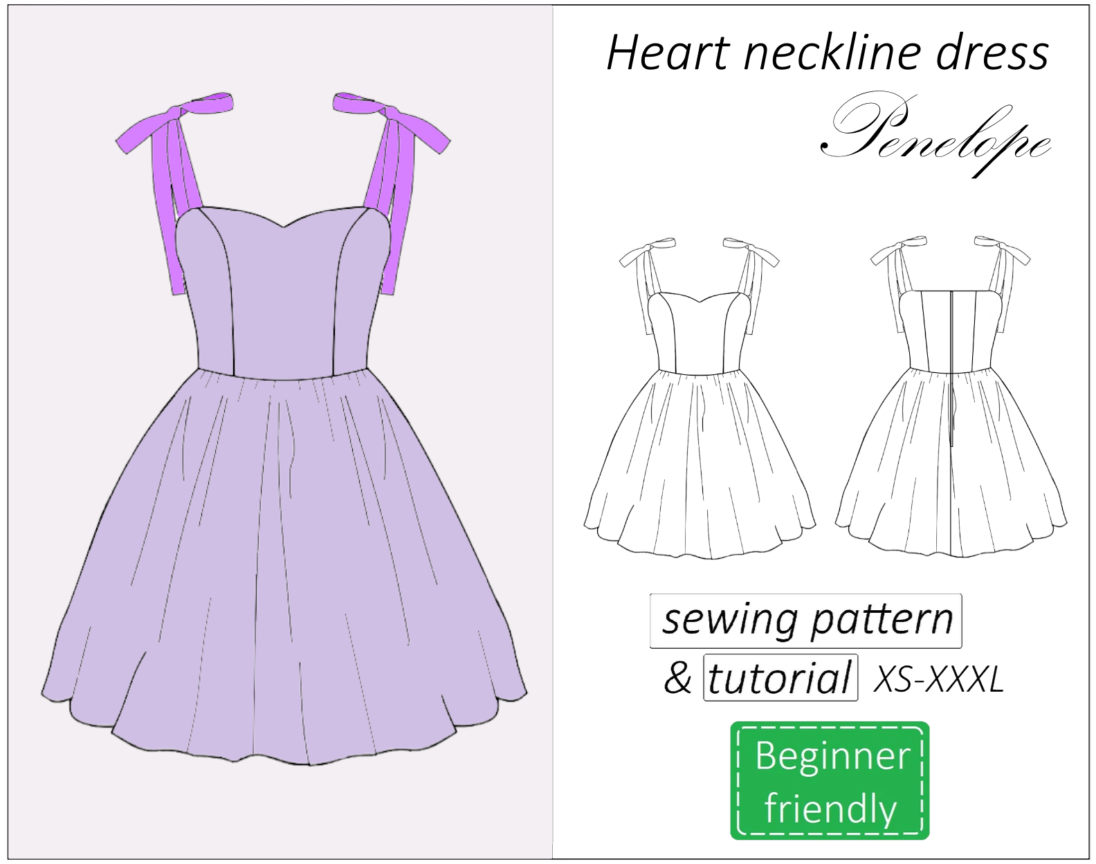 Penelope heart neckline dress sewing pattern | Instant PDF download