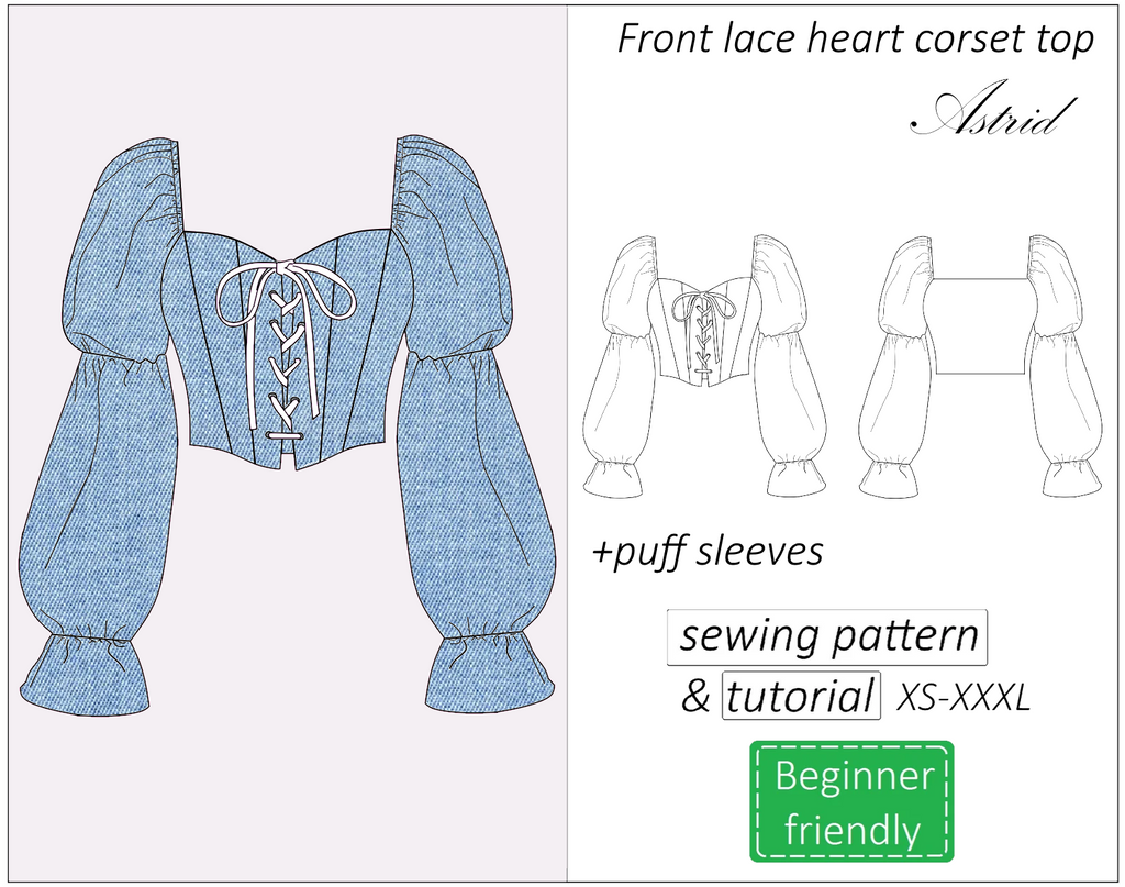 Astrid front lace heart corset top sewing pattern | Instant PDF download