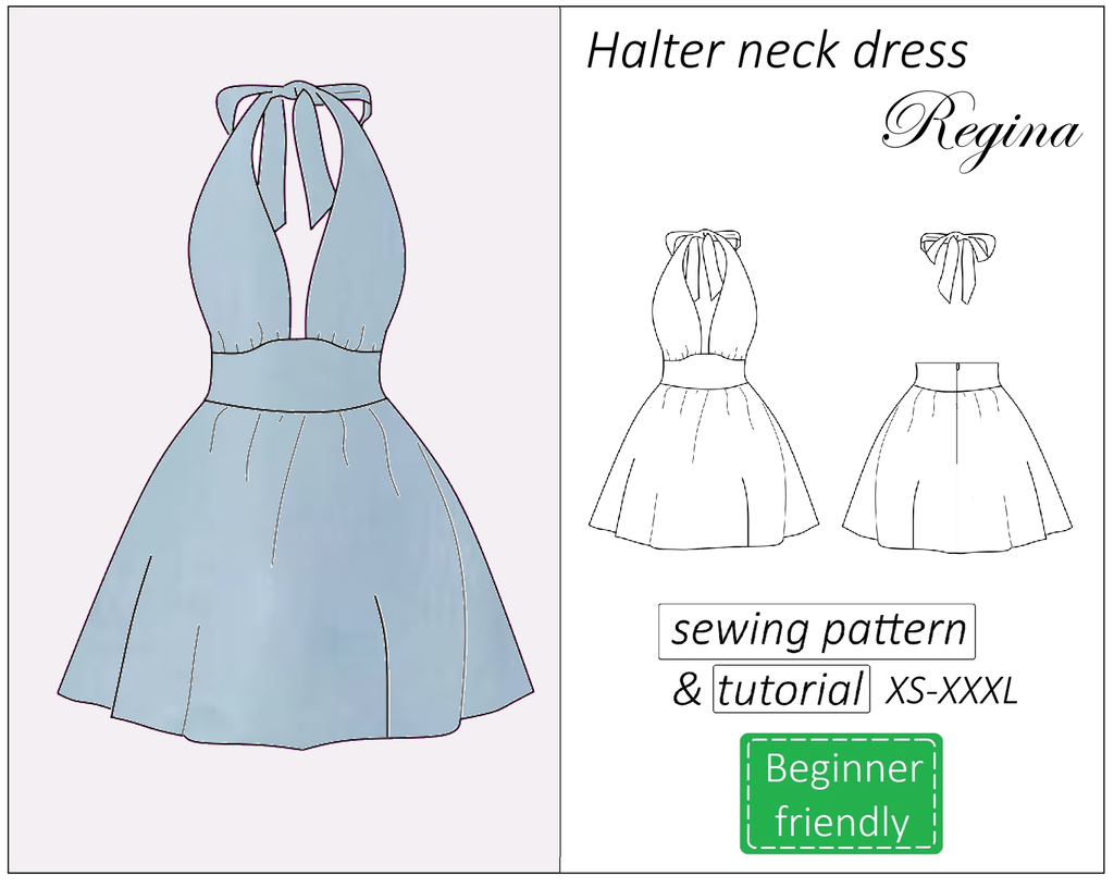 Regina halter neck open back dress sewing pattern | Instant PDF download