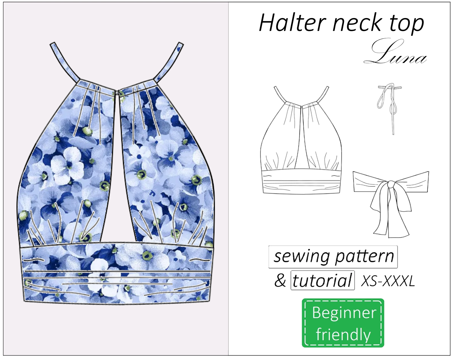 Luna halter neck backless top sewing pattern | Instant PDF download