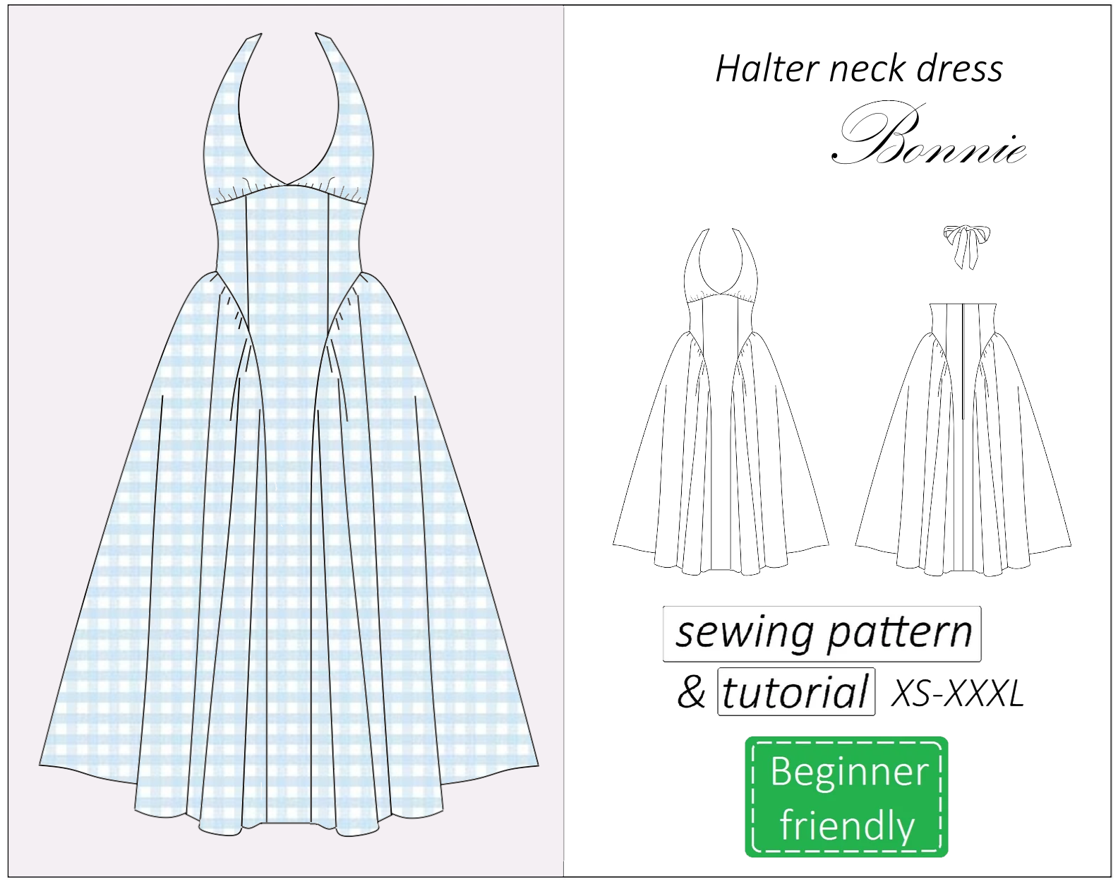 Bonnie halter neck dress | Instant PDF download
