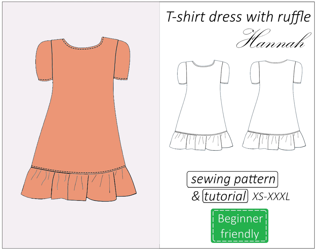 Hannah t-shirt dress  with ruffle sewing pattern | Instant PDF download