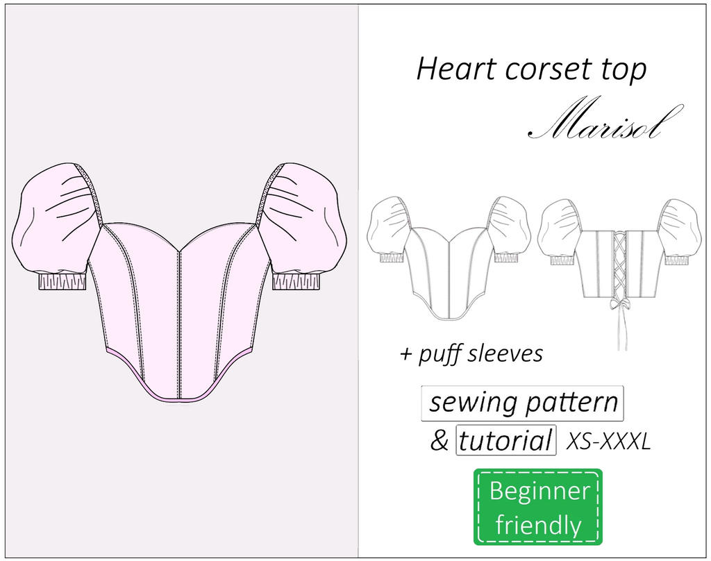 Marisol heart corset top with puff sleeves sewing pattern | Instant PDF download