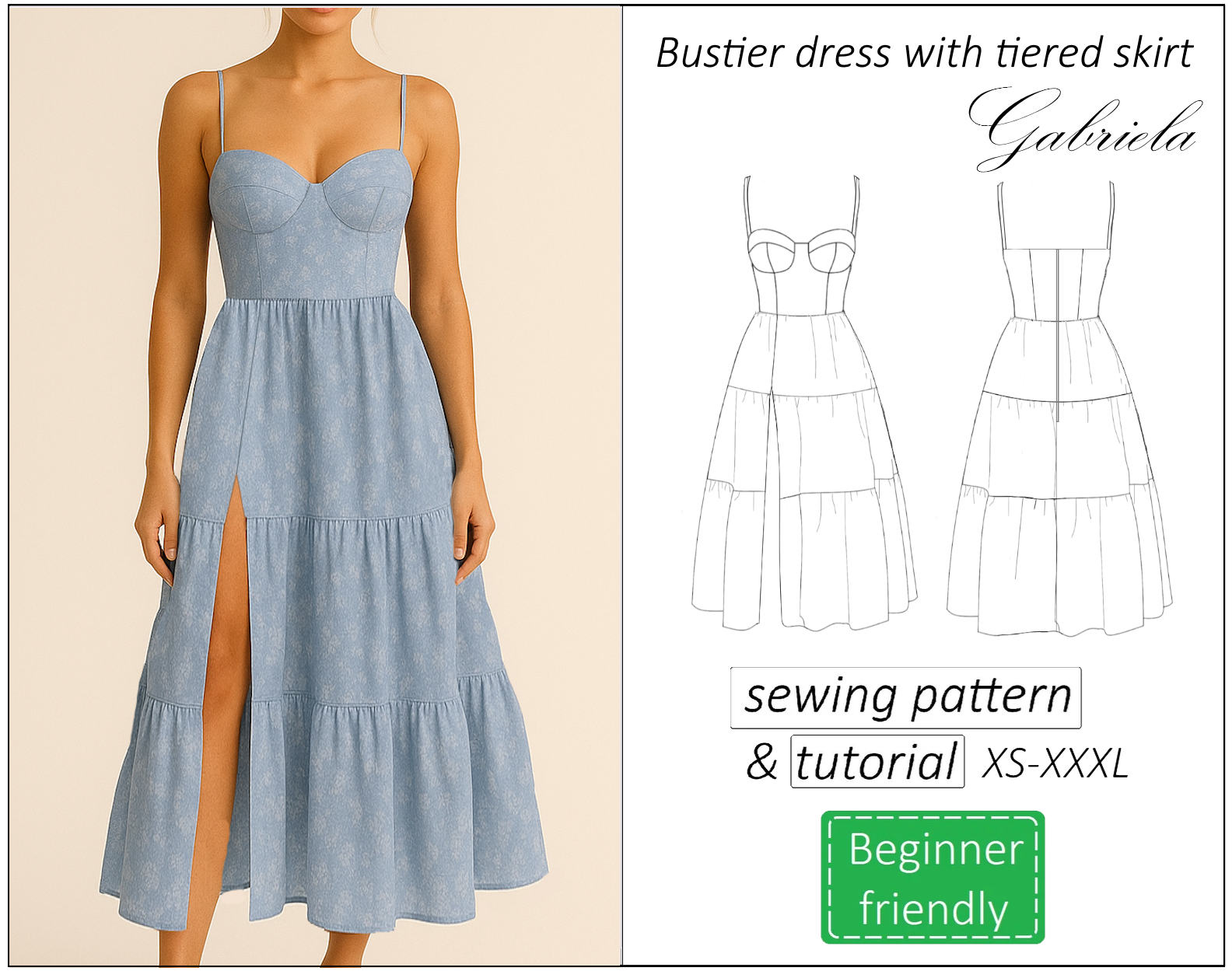 Gabriela bustier dress with tiered skirt sewing pattern | Instant PDF download