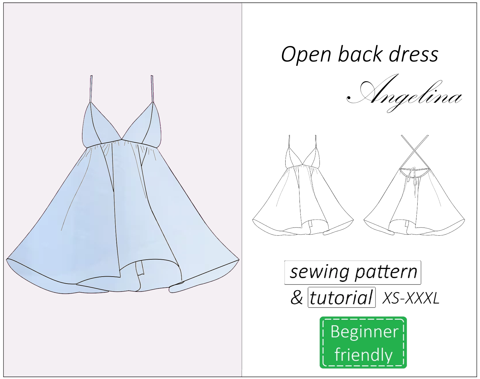 Angelina backless babydoll dress sewing pattern | Insatnt PDF download