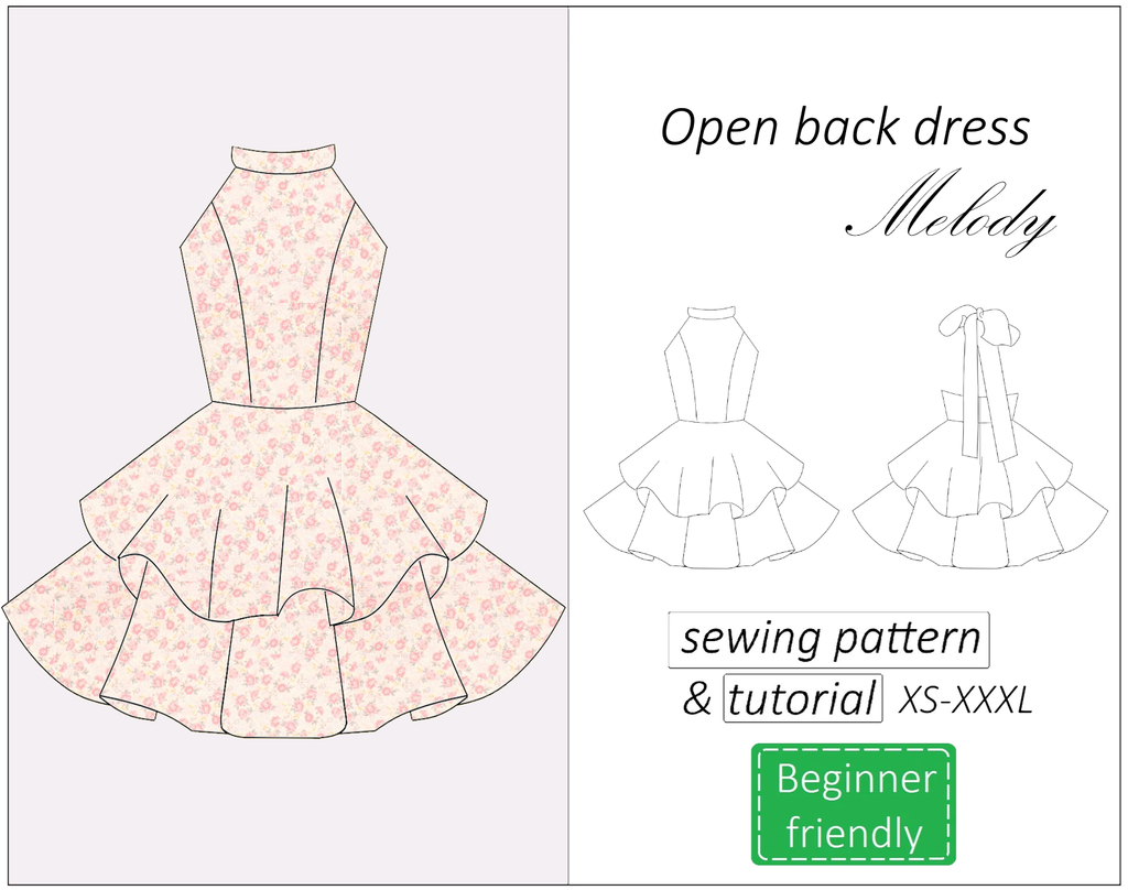 Melody open back halter neck dress sewing pattern | Insatnt PDF download