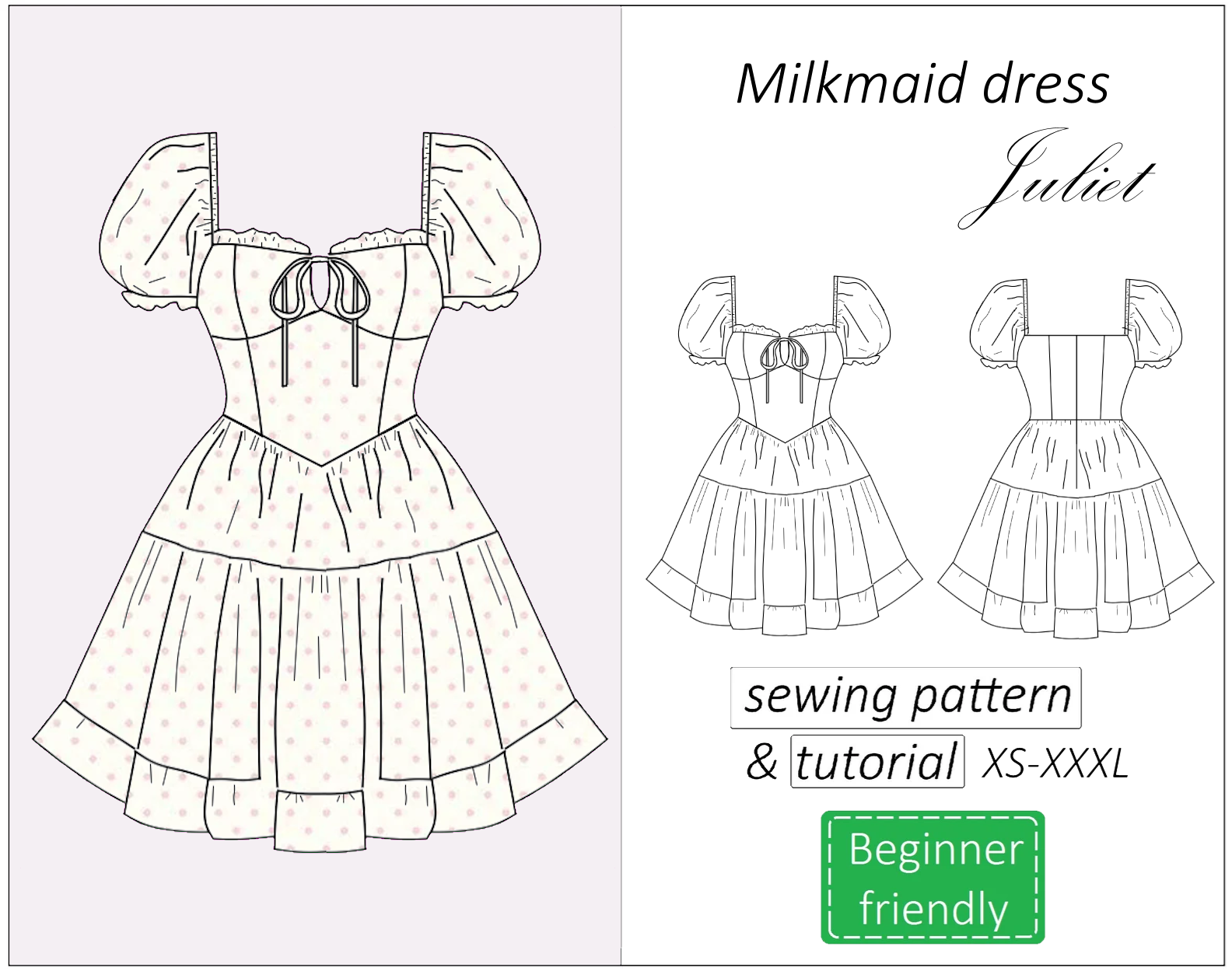 Juliet milkmaid dress with tiered skirt nd puff sleeves sewing pattern | Instant PDF download