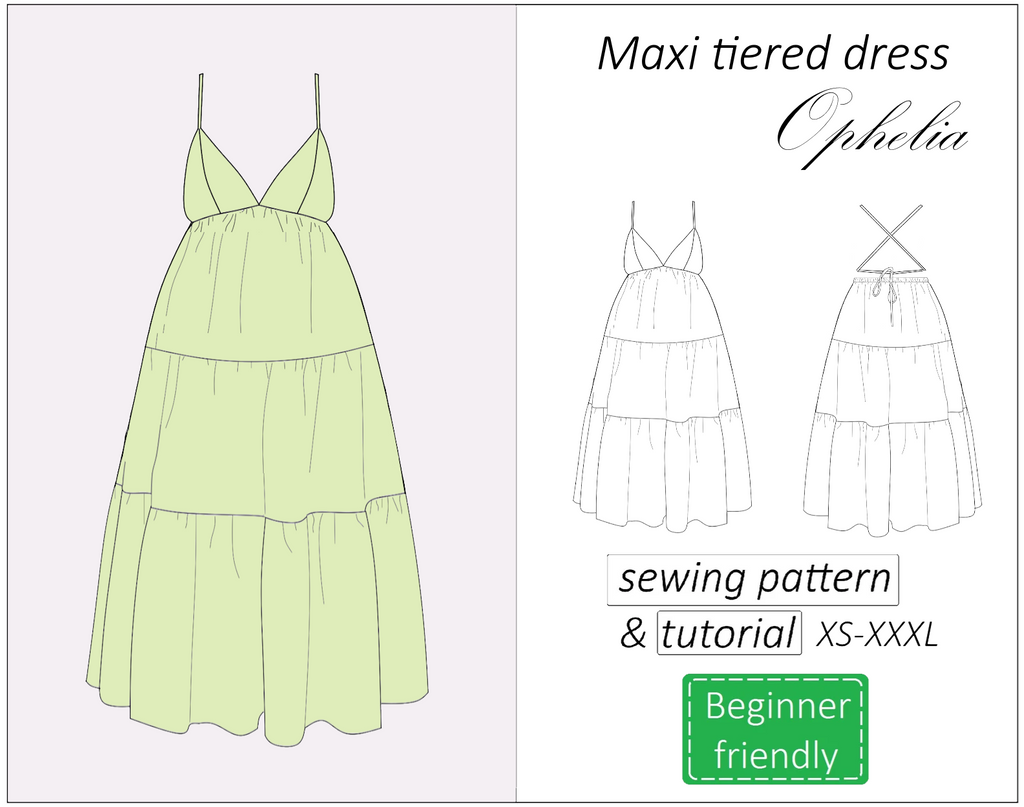 Ophelia maxi tiered backless dress sewing pattern | Instant PDF download
