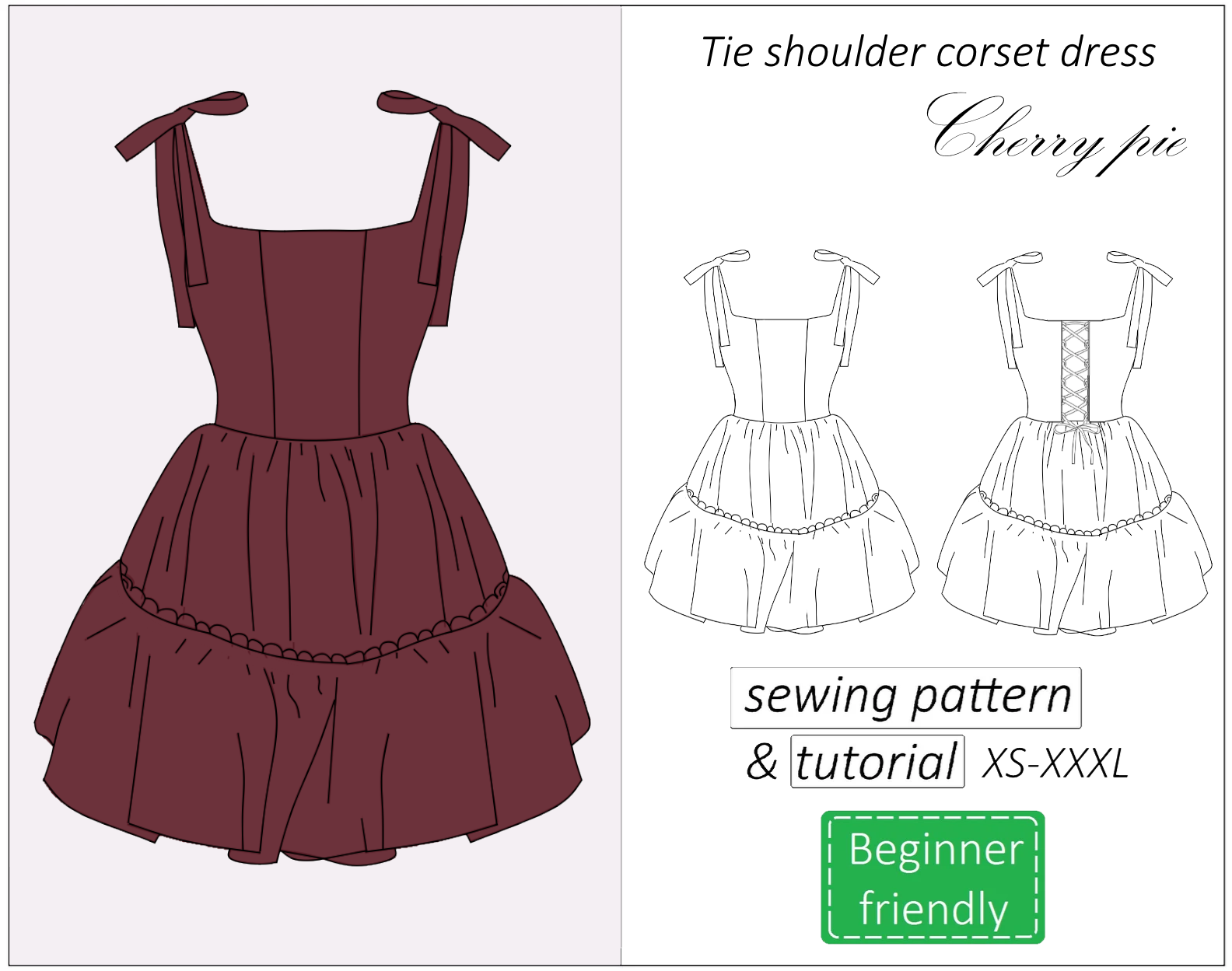 Cherry pie shoulder tie corset dress sewing pattern | Instant PDF download
