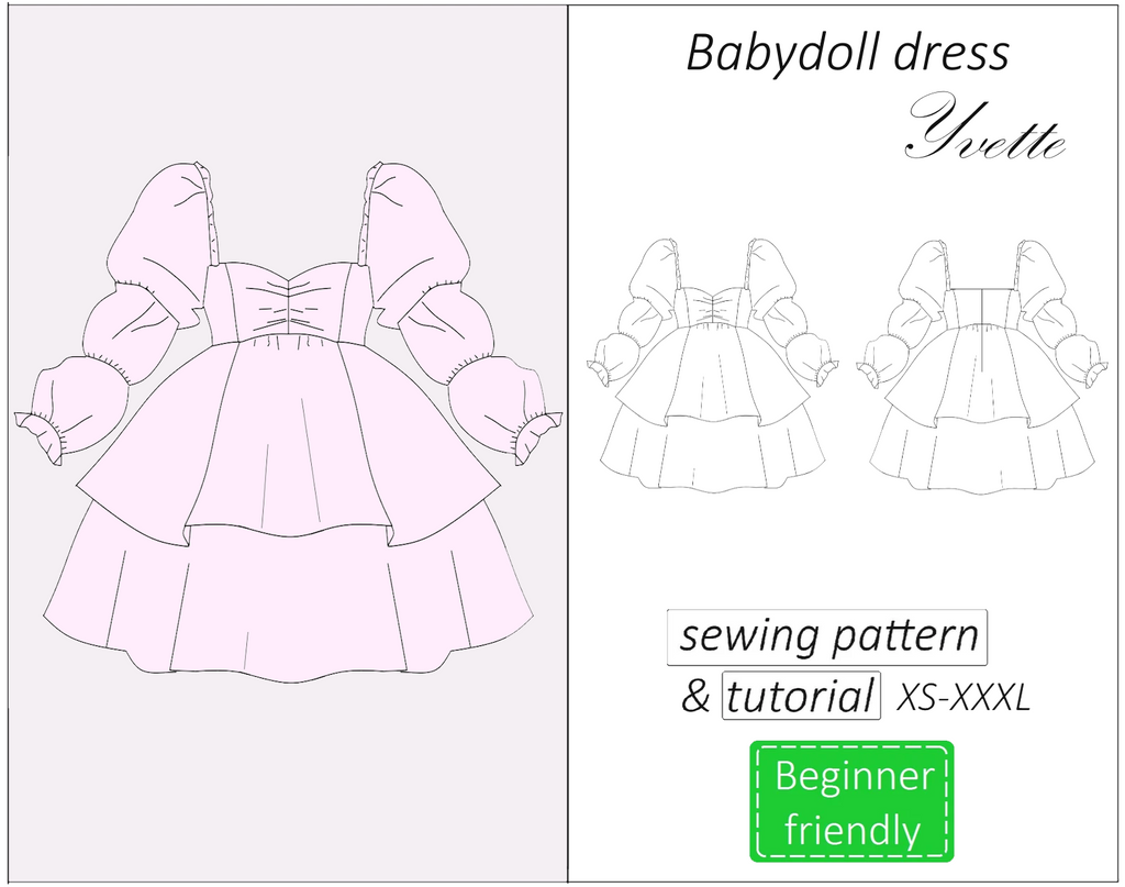 Yvette babydoll dress with long puff sleeves sewing pattern | Instant PDF download