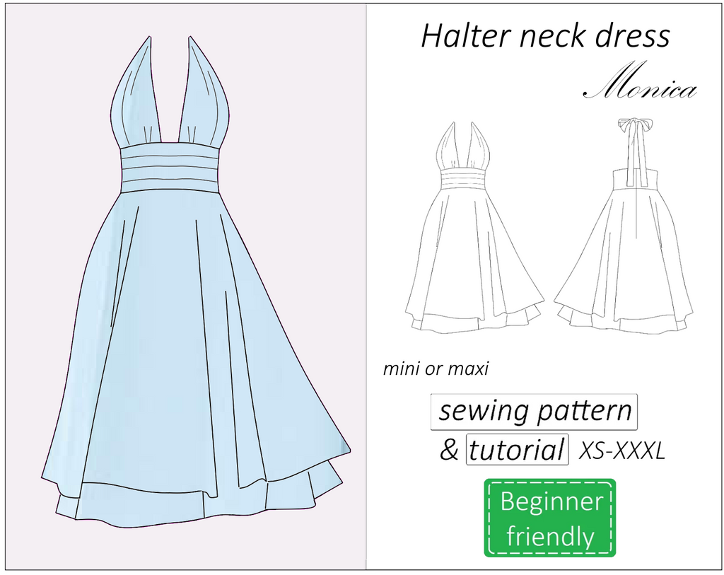Monica backless halter neck dress sewing pattern | Instant PDF download