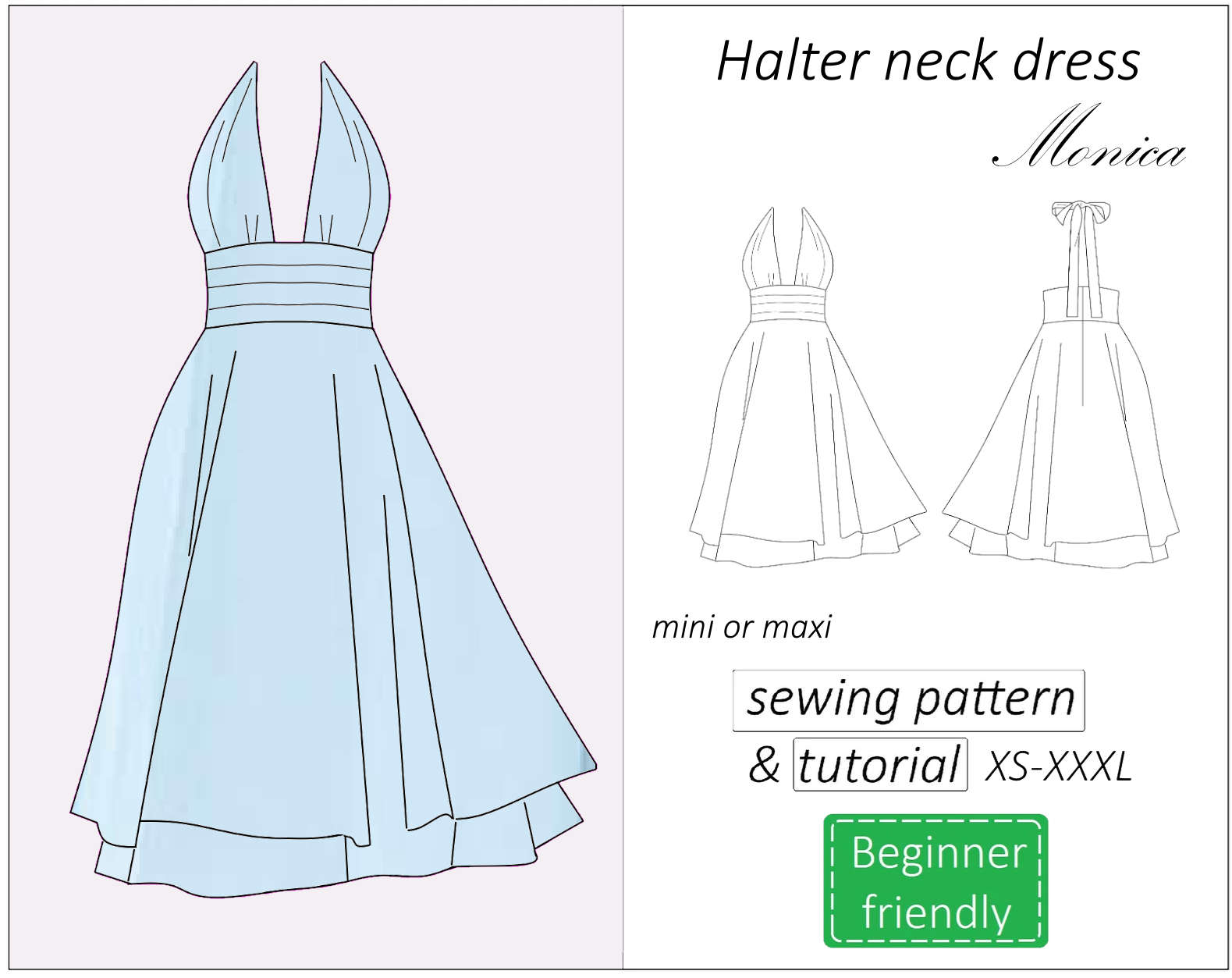 Monica backless halter neck dress sewing pattern | Instant PDF download