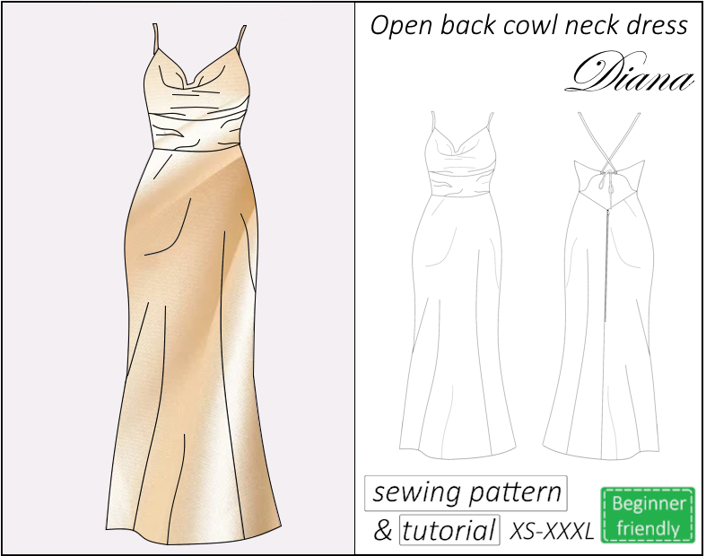 Diana open back cowl neck maxi dress sewing pattern | Instant PDF download
