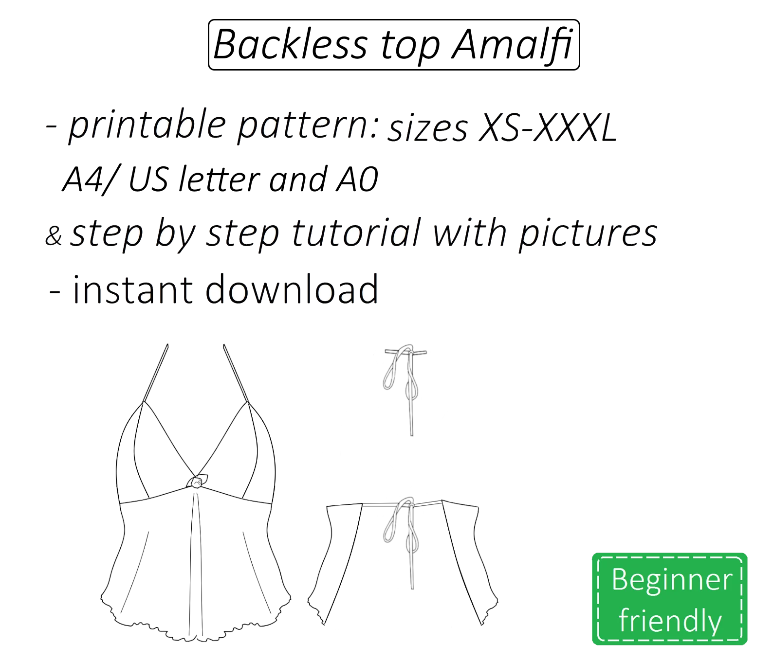 Amalfi backless top halter neck sewing pattern | Instant PDF download