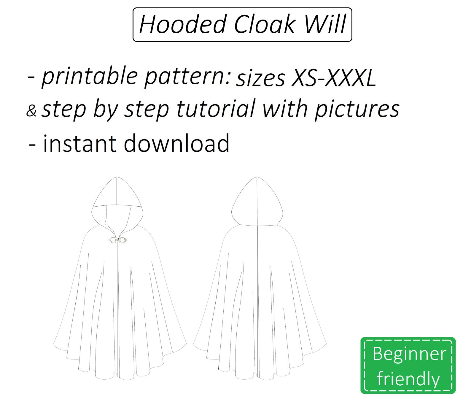 Will cloak with hood sewing pattern | Instant PDF download