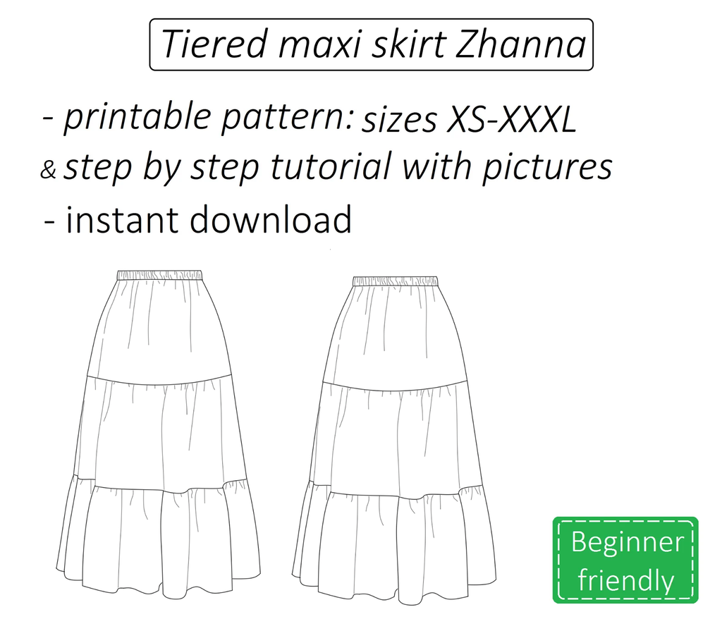 Zhanna tiered maxi skirt sewing pattern | Instant PDF download