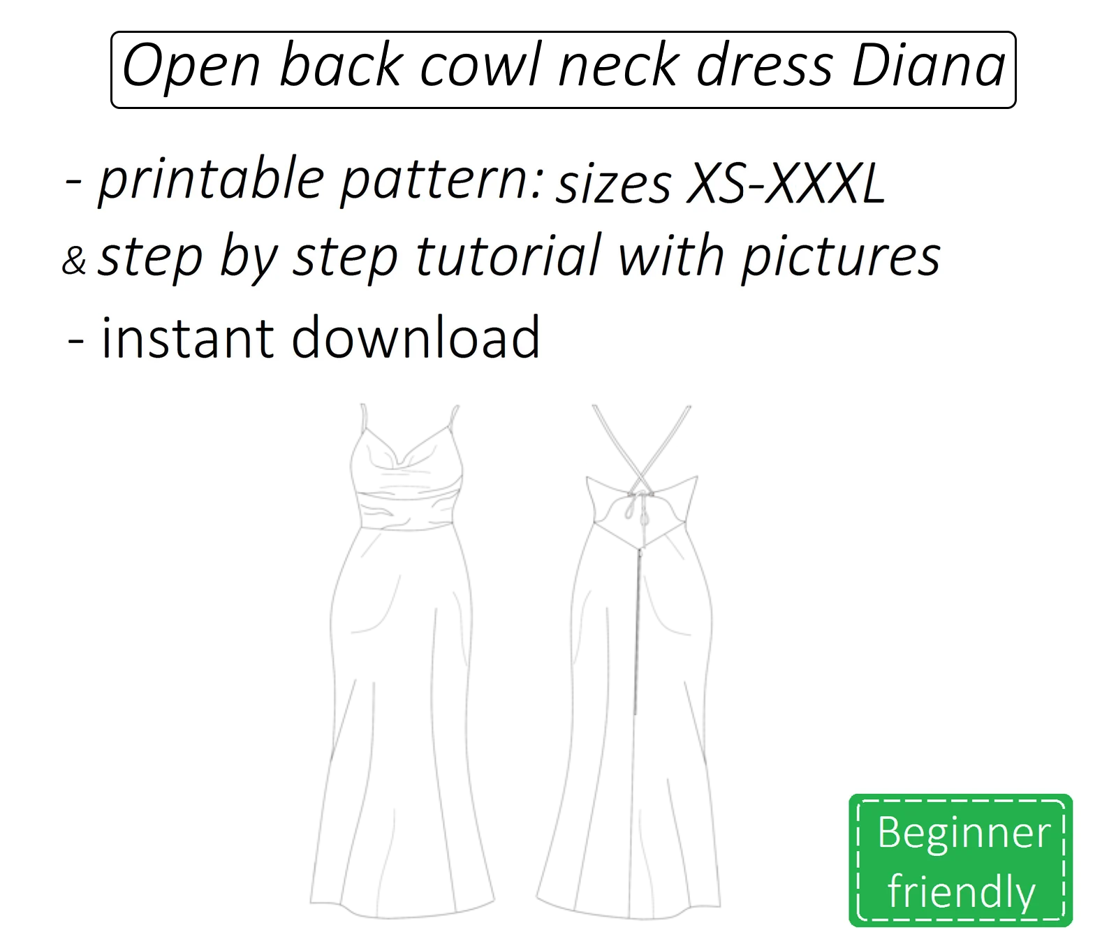 Diana open back cowl neck maxi dress sewing pattern | Instant PDF download