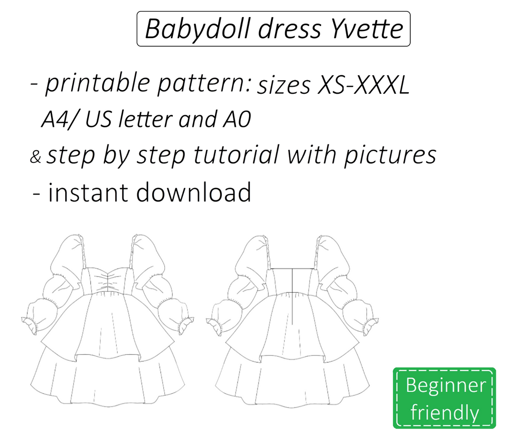 Yvette babydoll dress with long puff sleeves sewing pattern | Instant PDF download