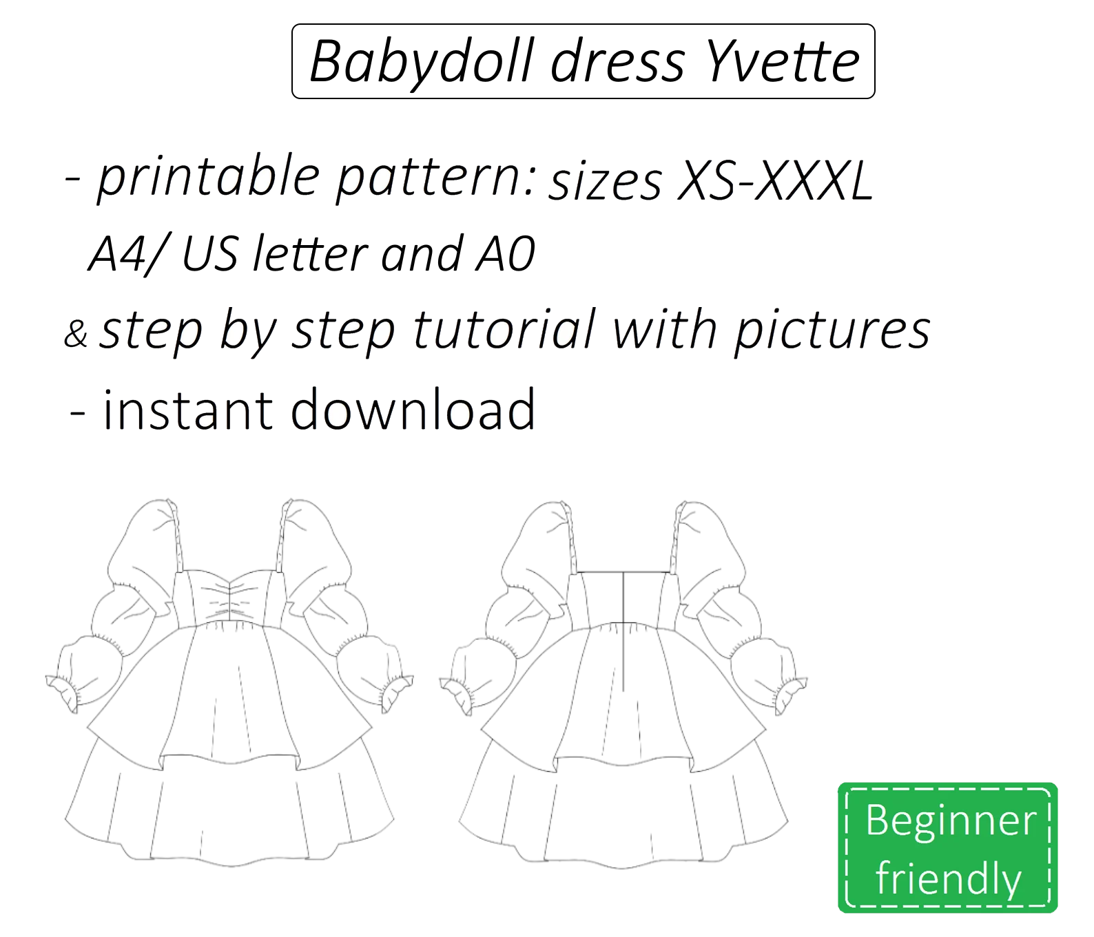 Yvette babydoll dress with long puff sleeves sewing pattern | Instant PDF download