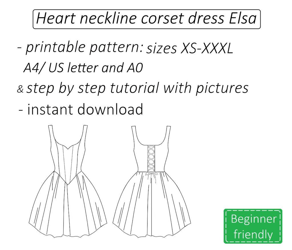 Elsa heart neckline corset dress sewing pattern | Instant PDF download