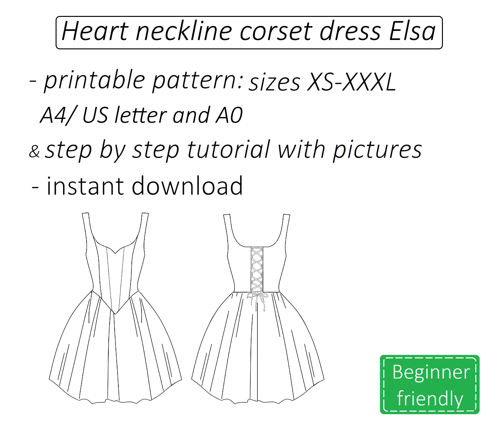 Elsa heart neckline corset dress sewing pattern | Instant PDF download