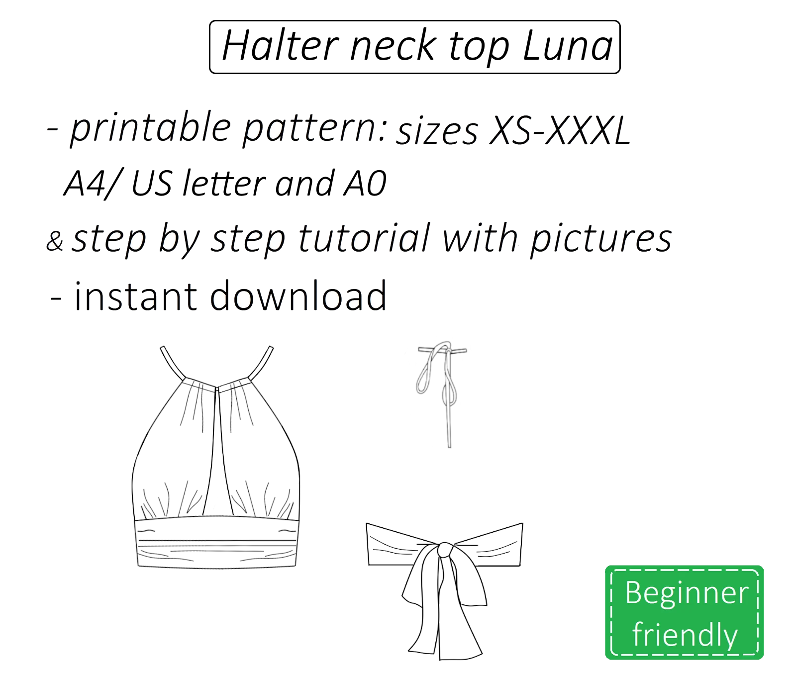 Luna halter neck backless top sewing pattern | Instant PDF download