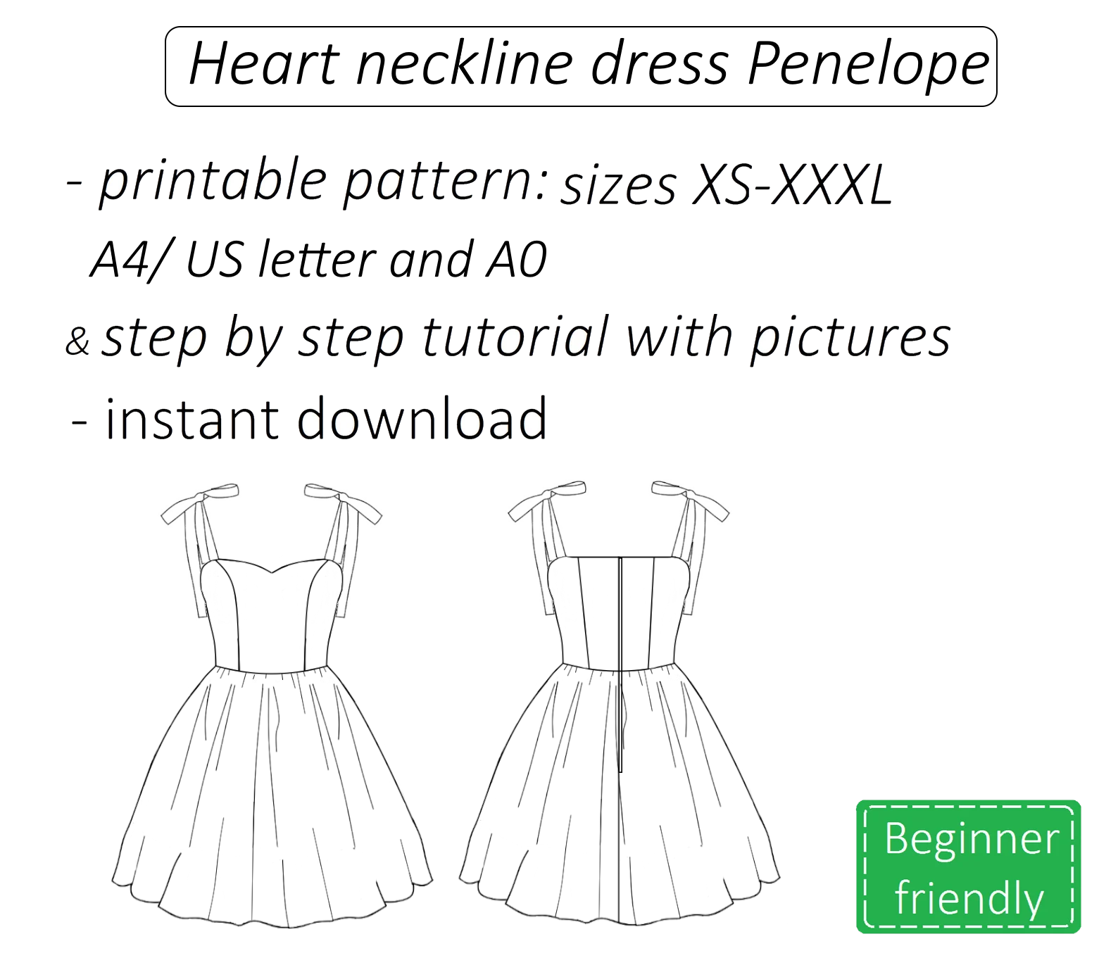 Penelope heart neckline dress sewing pattern | Instant PDF download