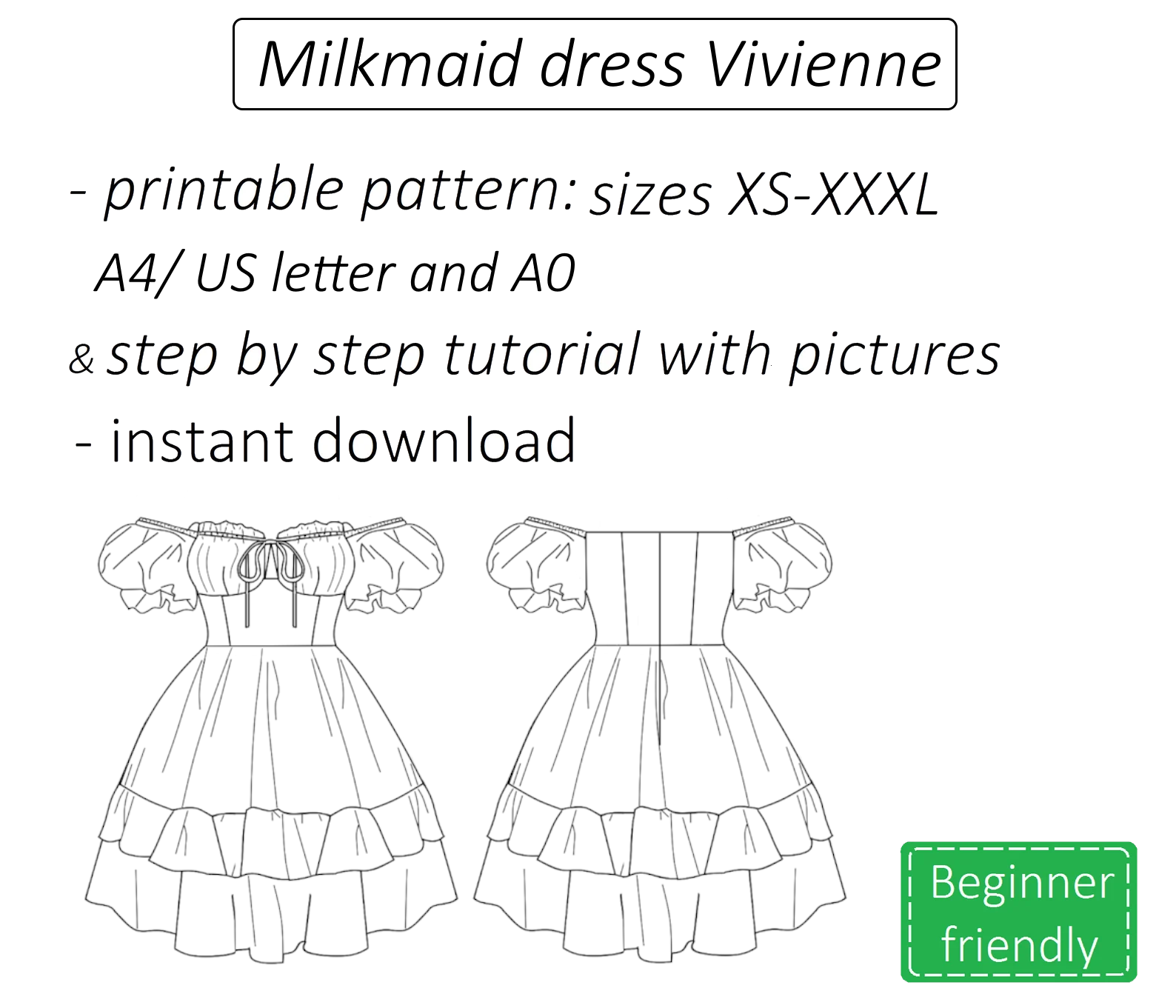 Vivienne milkmaid dress with off shoulder puff sleeve sewing pattern | Instant PDF download