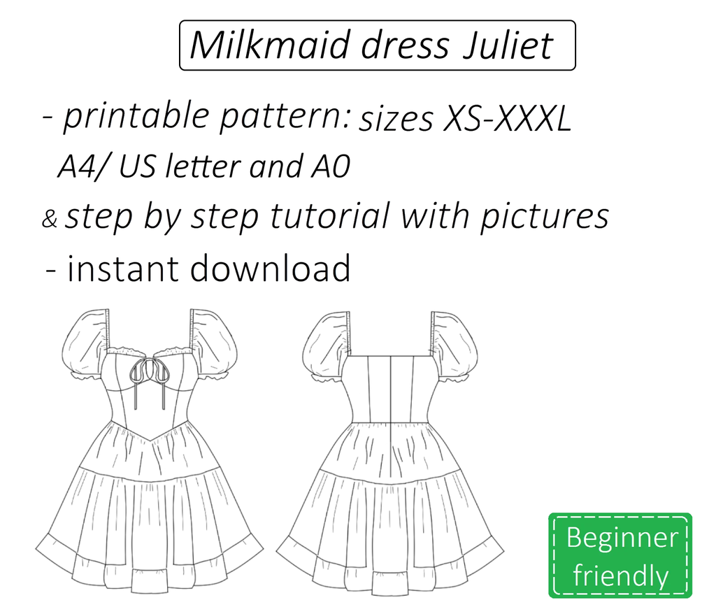 Juliet milkmaid dress with tiered skirt nd puff sleeves sewing pattern | Instant PDF download