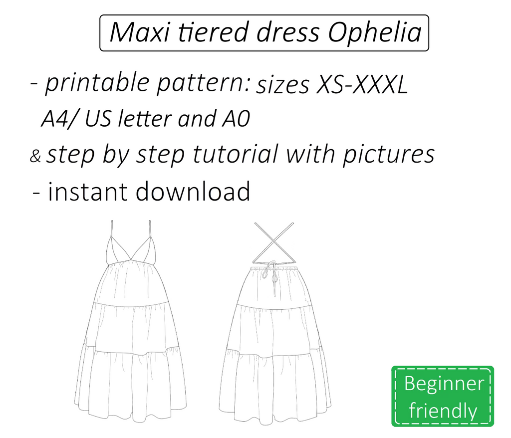 Ophelia maxi tiered backless dress sewing pattern | Instant PDF download