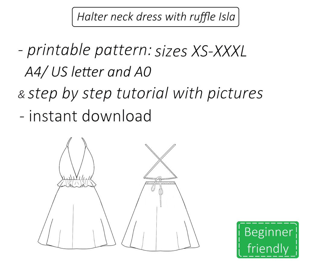 Isla backless halter neck dress sewing pattern | Instant PDF download