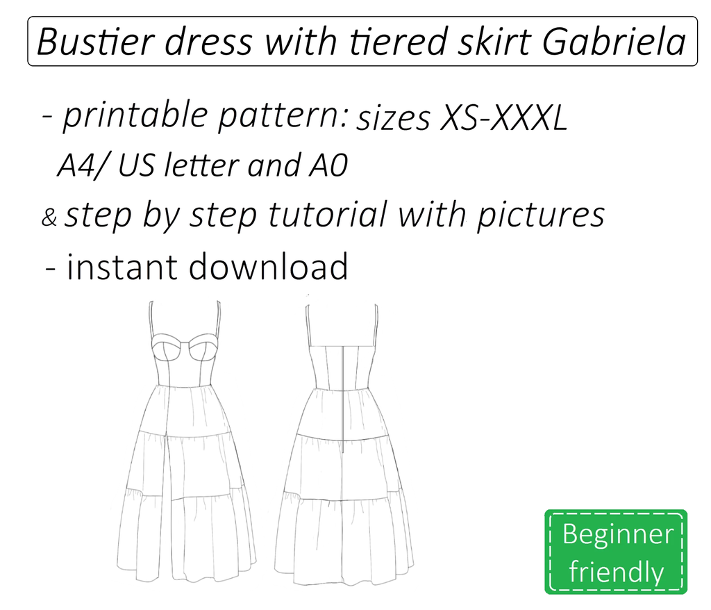 Gabriela bustier dress with tiered skirt sewing pattern | Instant PDF download