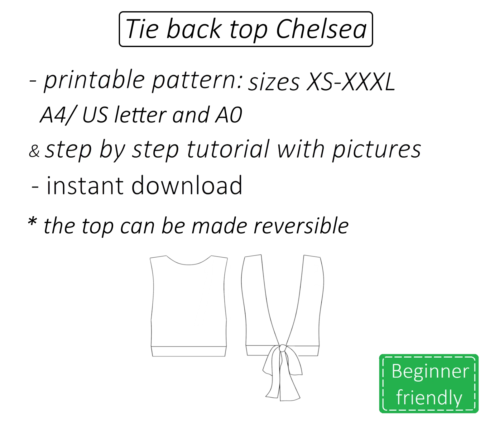 Chelsea tie back backless top sewing pattern | Instant PDF download