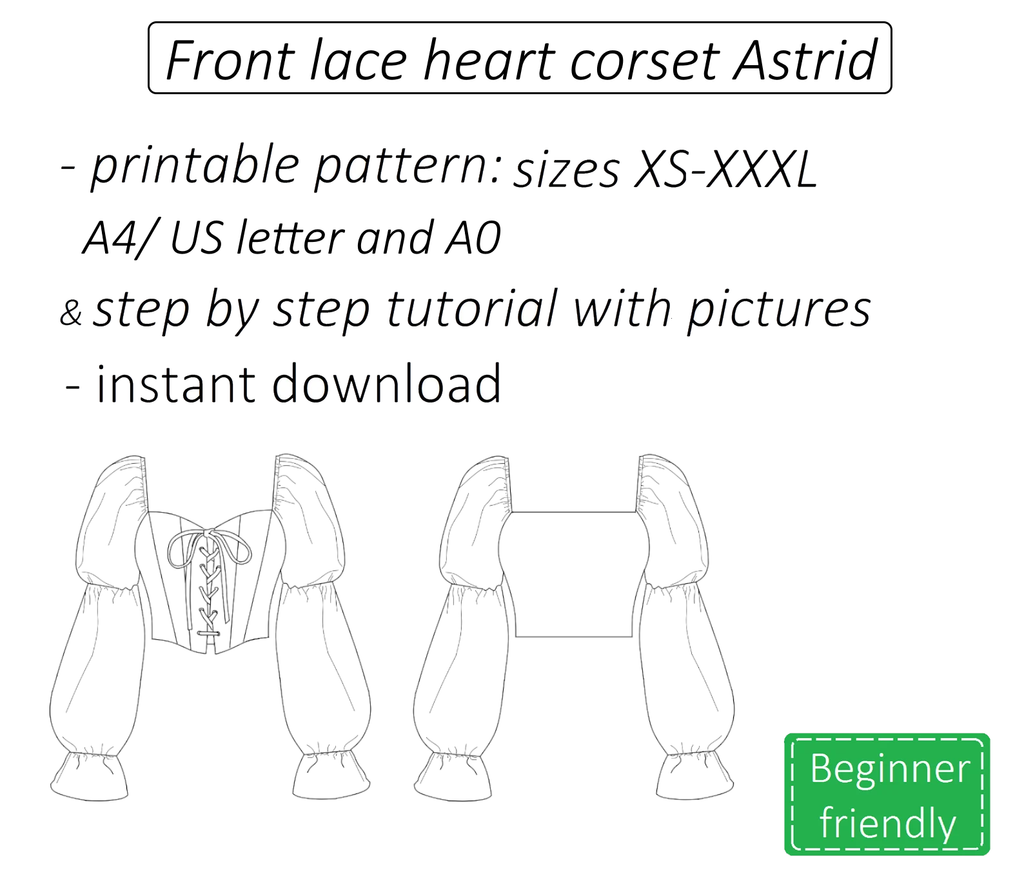 Astrid front lace heart corset top sewing pattern | Instant PDF download