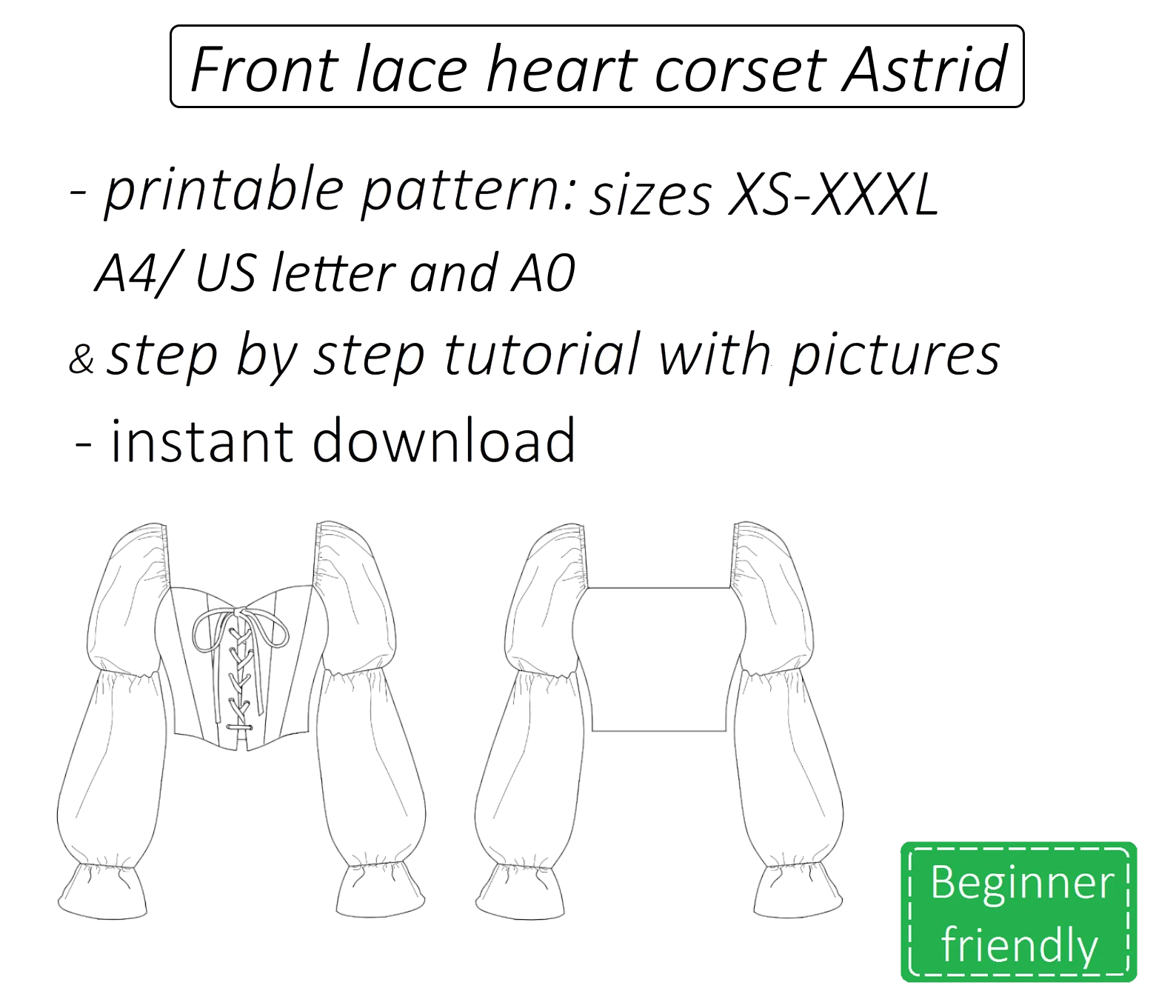 Astrid front lace heart corset top sewing pattern | Instant PDF download