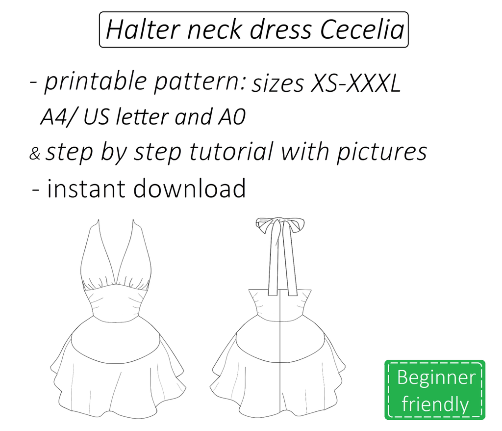 Cecelia halter neck dress with ruffle sewing pattern | Instant PDF download