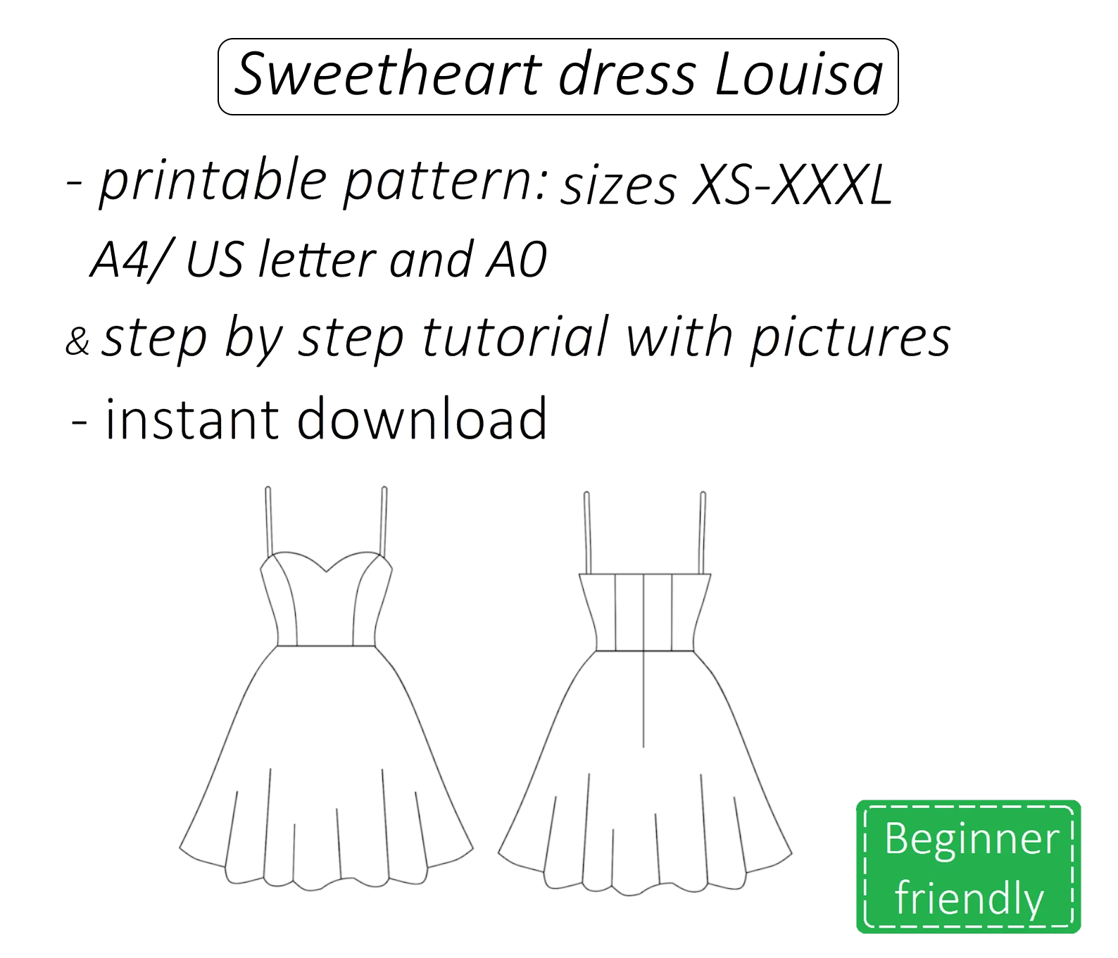 Louisa sweetheart dress sewing pattern | Instant PDF download